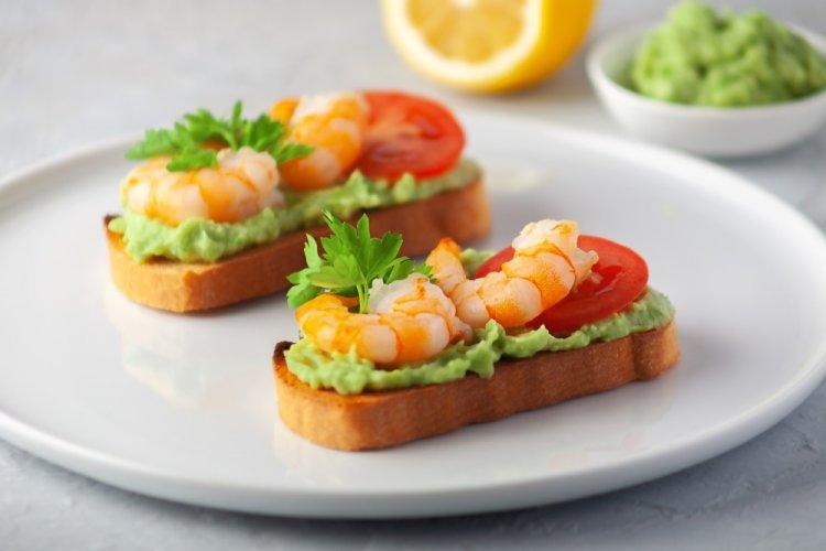 Bruschetta with Avocado, Shrimp, and Cherry Tomatoes
