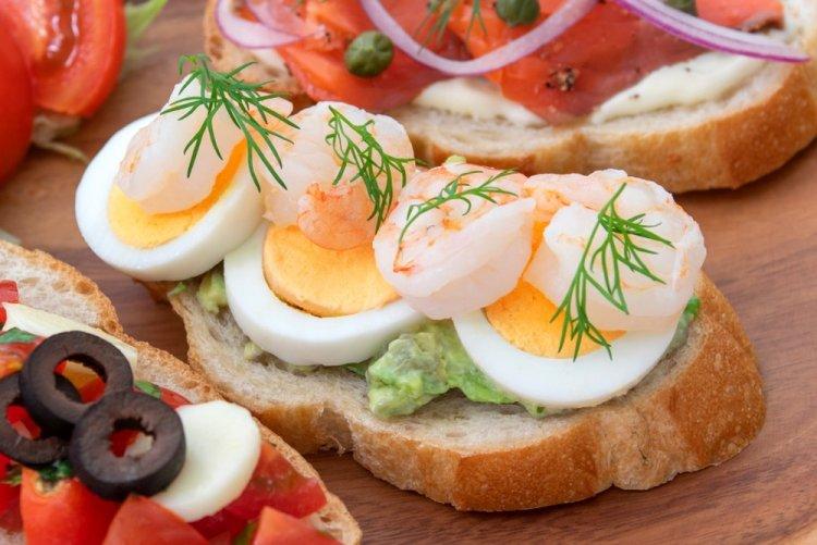 Bruschetta with Shrimp, Avocado, and Quail Eggs