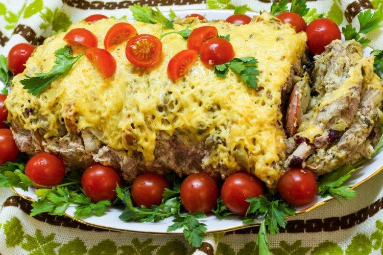 Baked Pork Neck with Mushrooms and Cheese in the Oven