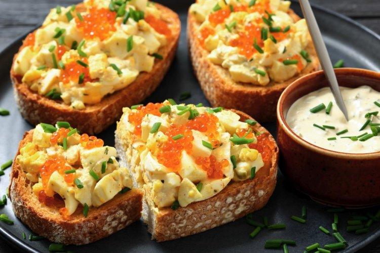 Sandwiches with Egg Spread and Red Caviar