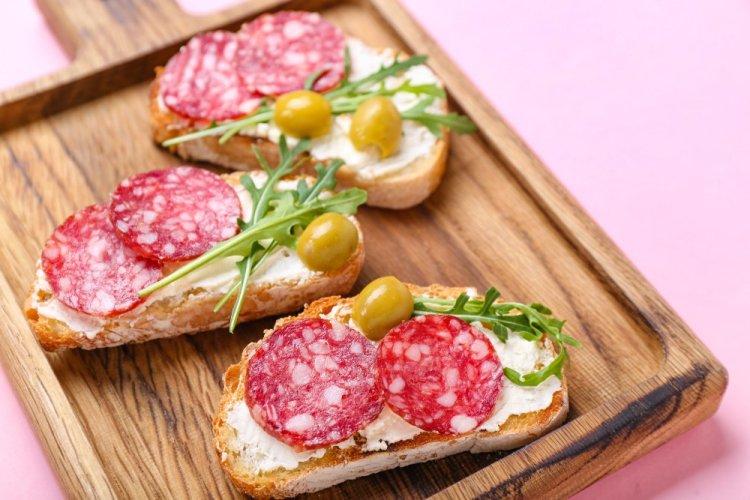 Sandwiches with Salami, Cream Cheese, and Olives