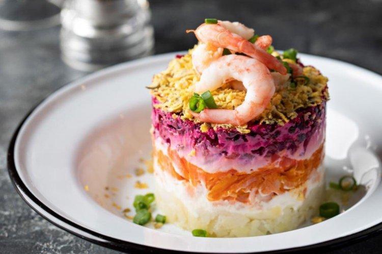 Herring Under a Fur Coat with Shrimp - Classic Recipe